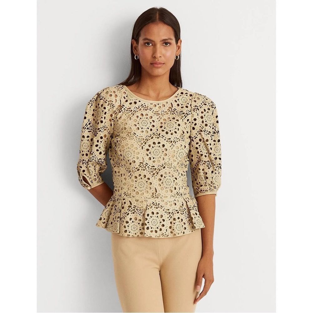 L.Ralph Lauren 100% Lambskin Leather Laser Cut Peplum Top, NWT, Size 16 - Picture 8 of 13